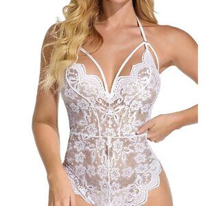 Elegant Seductive White Scalloped Lace Teddy Bodysuit